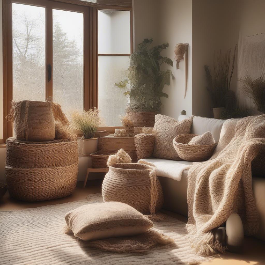 Large wicker baskets used for storage in a living room setting