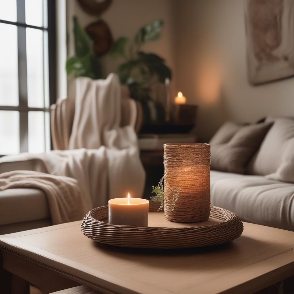 Large wicker candle holder as a centerpiece in a living room setting