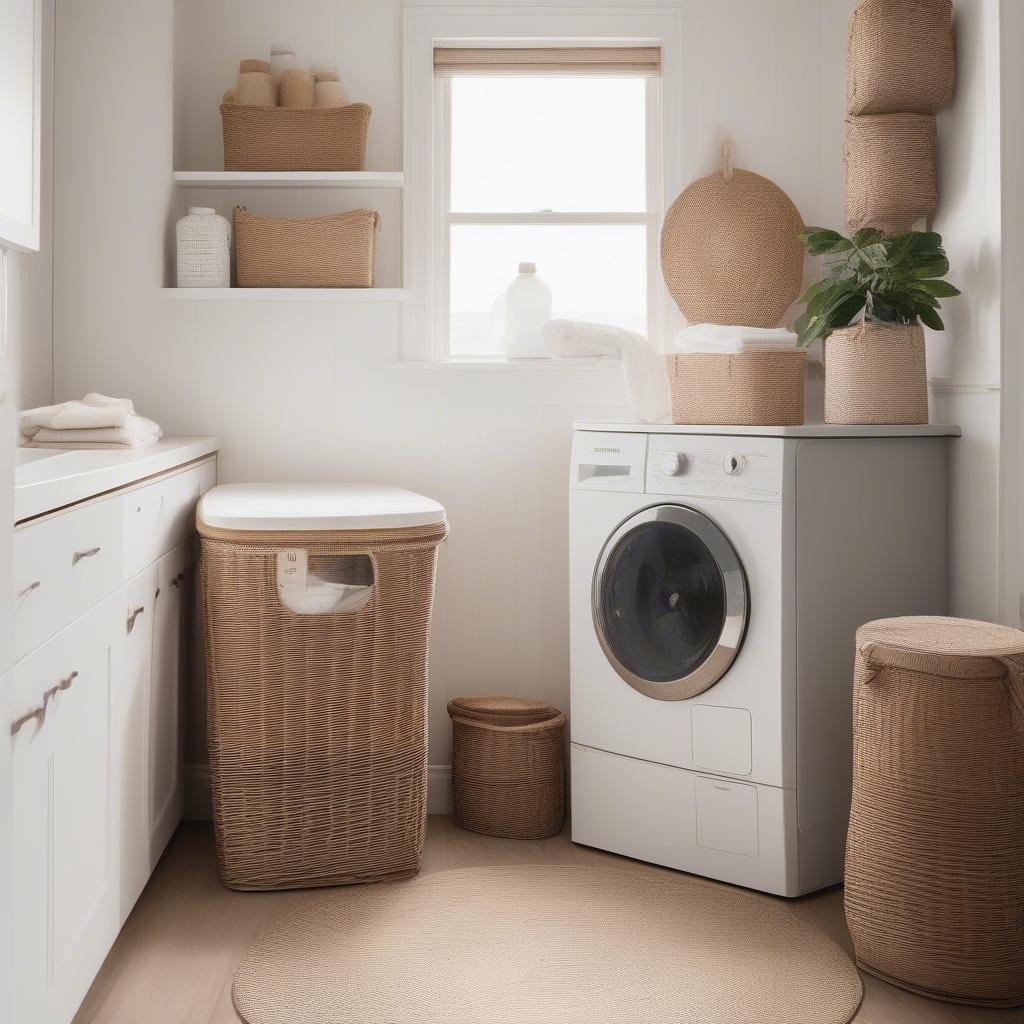 Large wicker laundry basket with lid in a natural finish, placed in a bright laundry room.