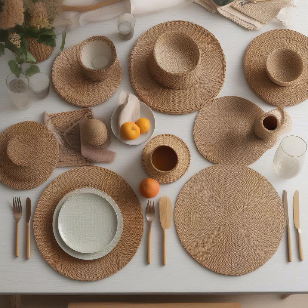 Large wicker placemats on a beautifully set dining table