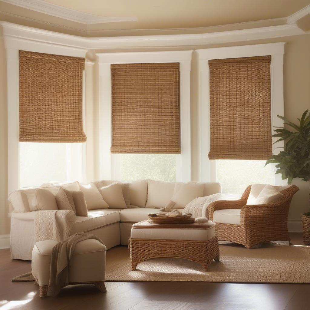 Large wicker roll up blinds in a living room setting, filtering sunlight and creating a warm ambiance.