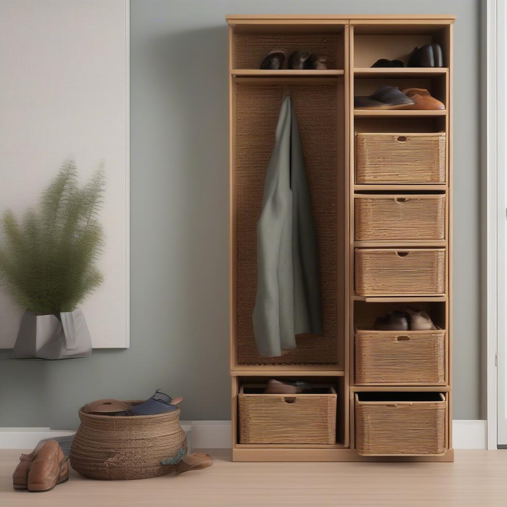 Large wicker shoe storage unit in a modern entryway