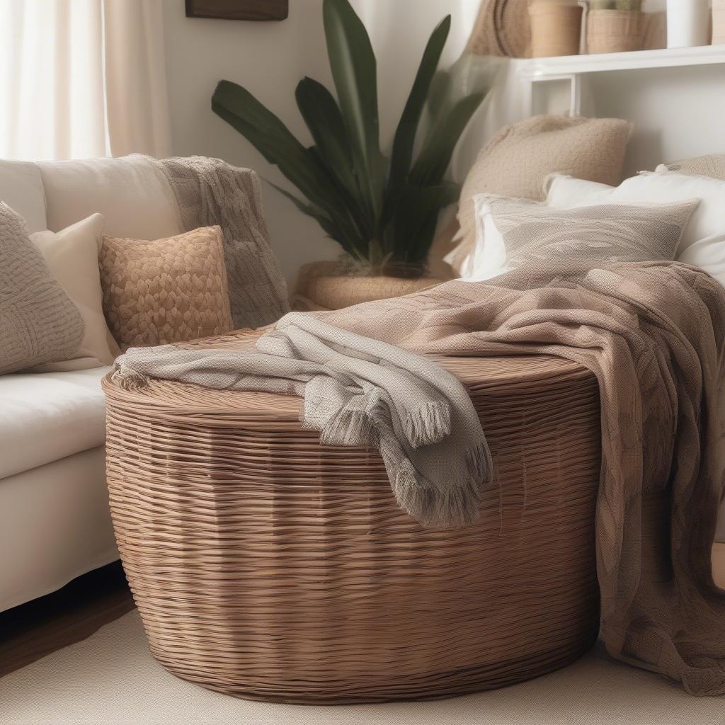 Large wicker storage basket with hardtop lid in a living room setting