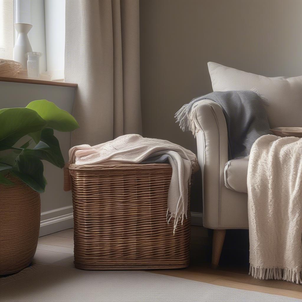 Large wicker storage basket with lid in a living room setting