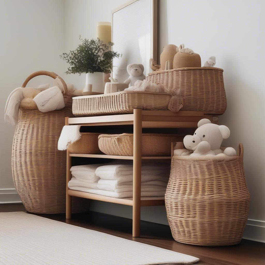 Large wicker storage baskets used in a living room setting in Australia