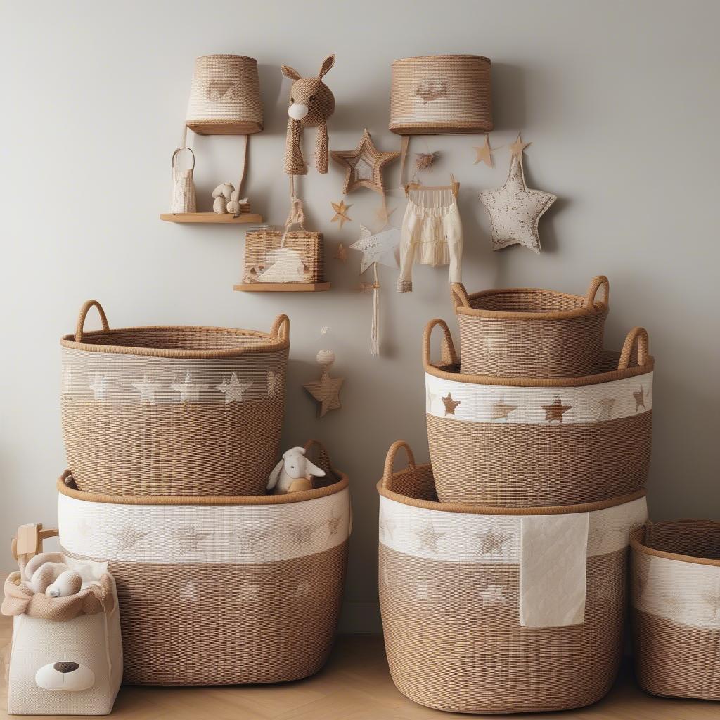 Various large themed wicker storage baskets for a baby's room