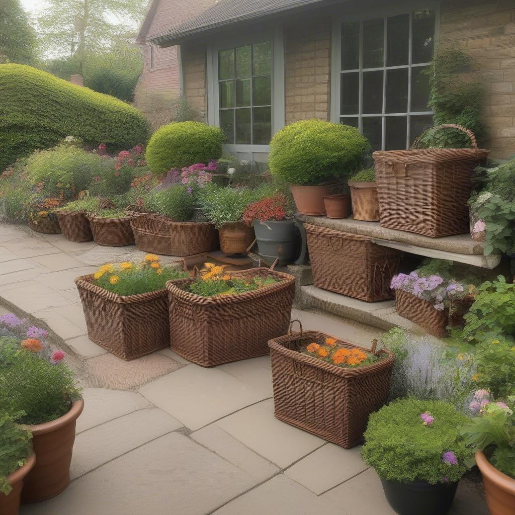 Large wicker storage baskets holding gardening tools in a well-maintained garden.