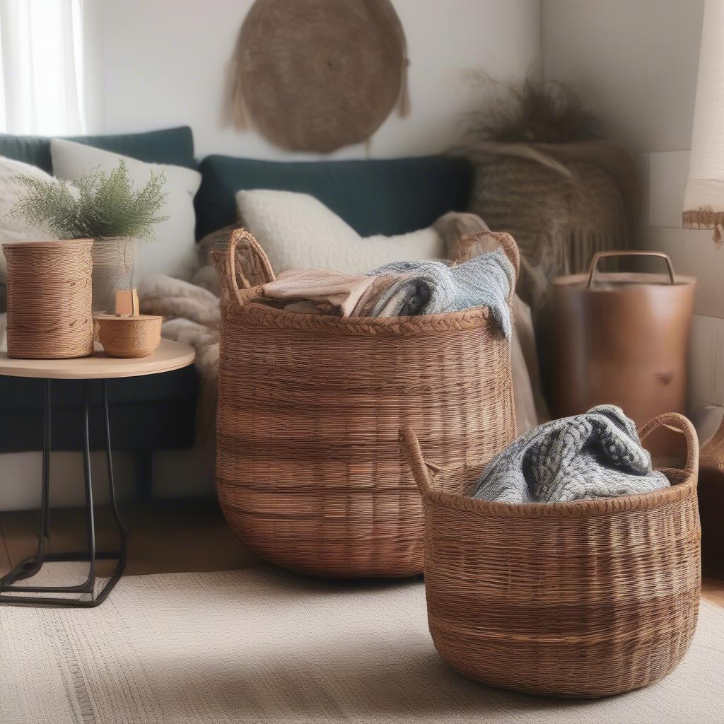 Large wicker storage baskets in a living room setting