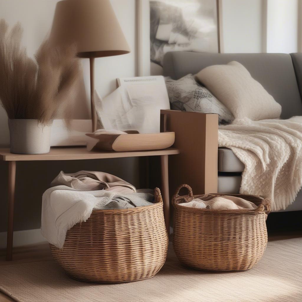 Large wicker storage baskets in a living room setting