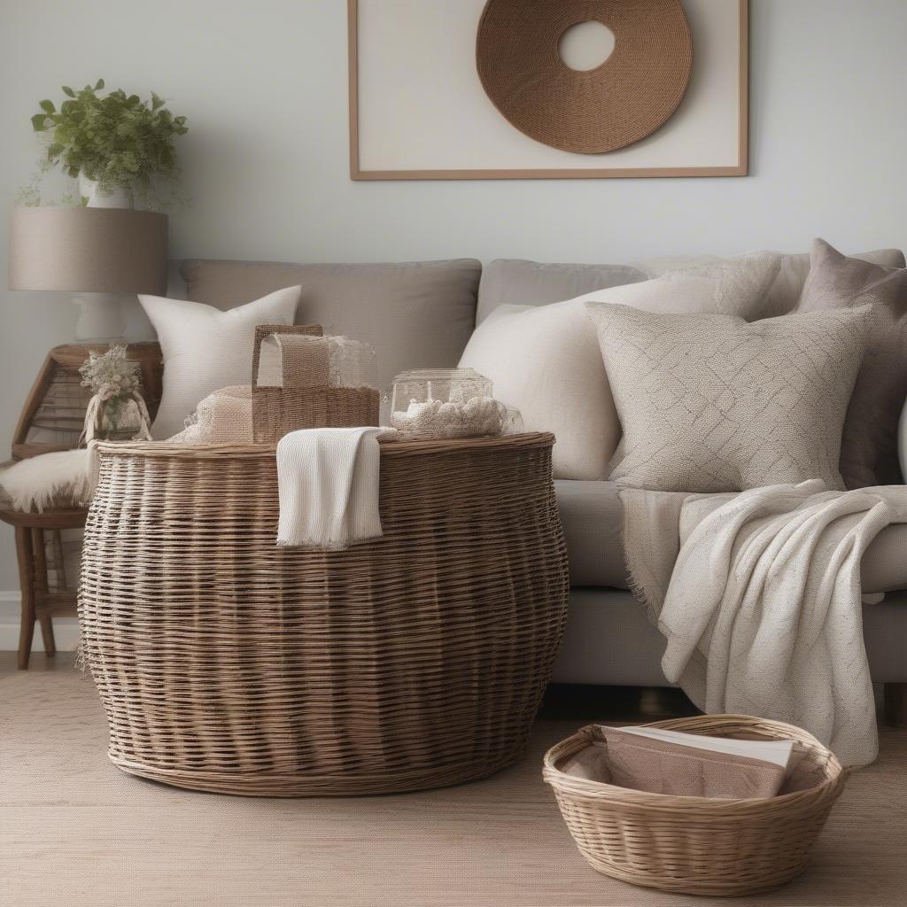 Large wicker storage baskets in a living room setting