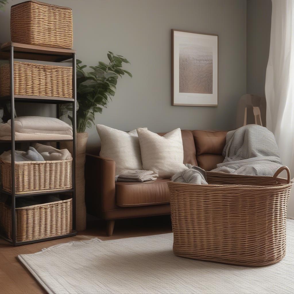 Large wicker storage baskets in a living room setting