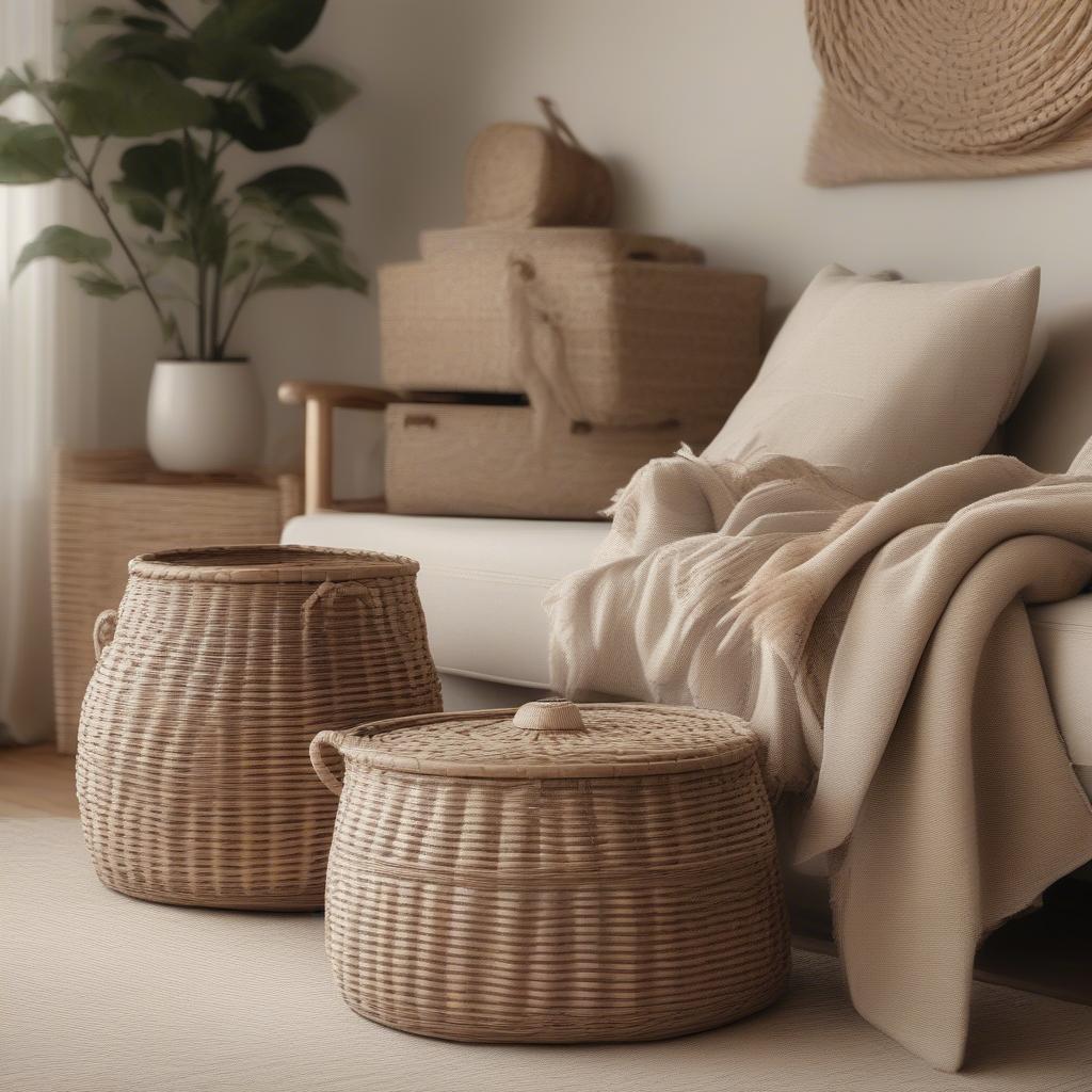 Large wicker storage baskets in a living room setting