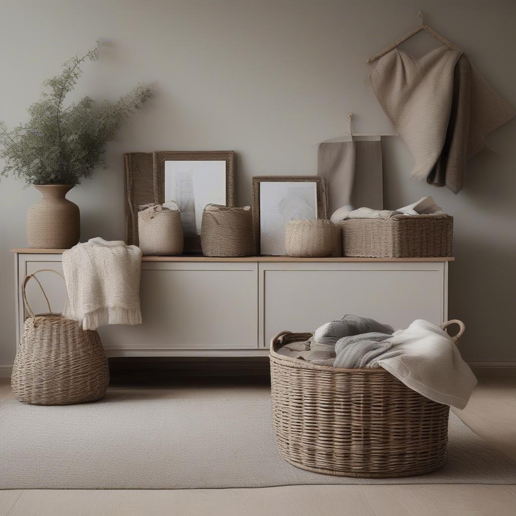 Large wicker storage baskets in a UK living room setting