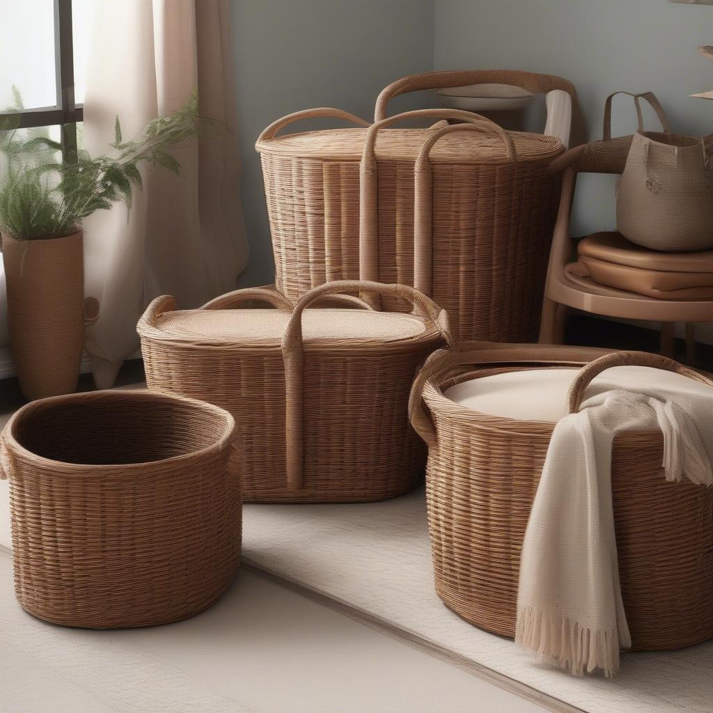 Large wicker storage baskets with lids in a living room setting