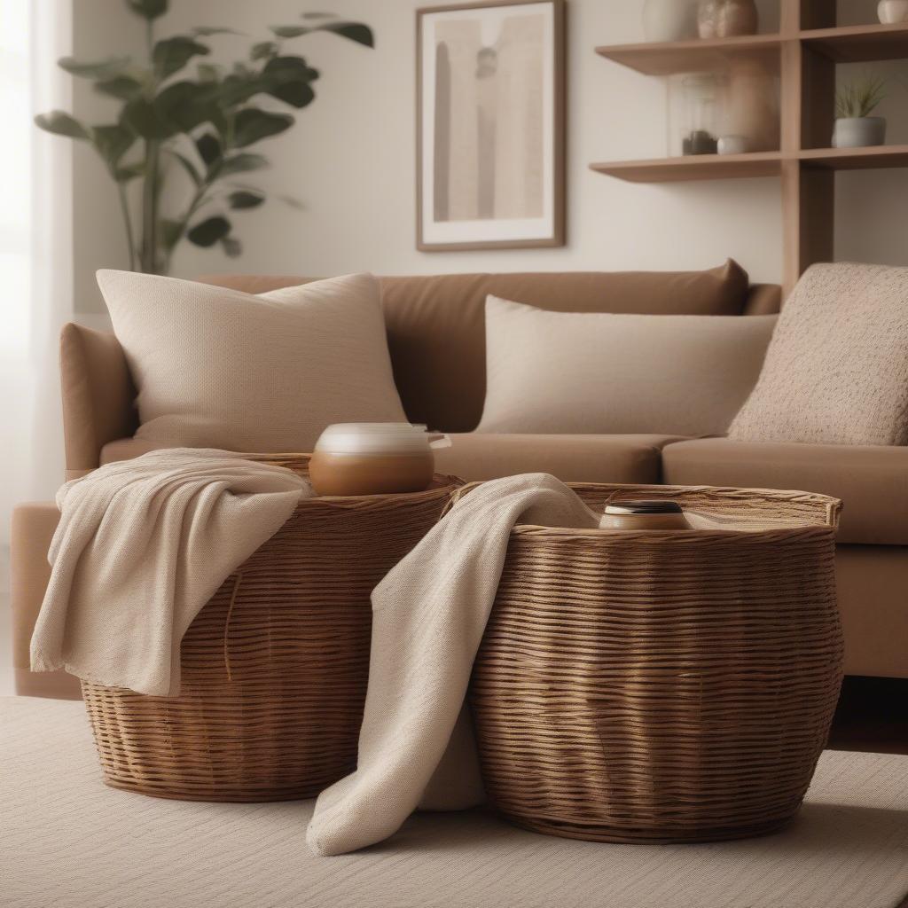 Large wicker storage baskets with lids in a living room setting