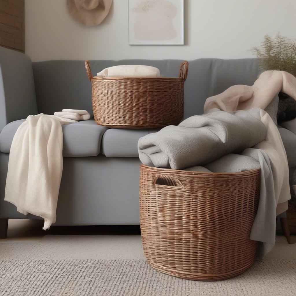 Large wicker storage baskets with lids in a UK living room setting.