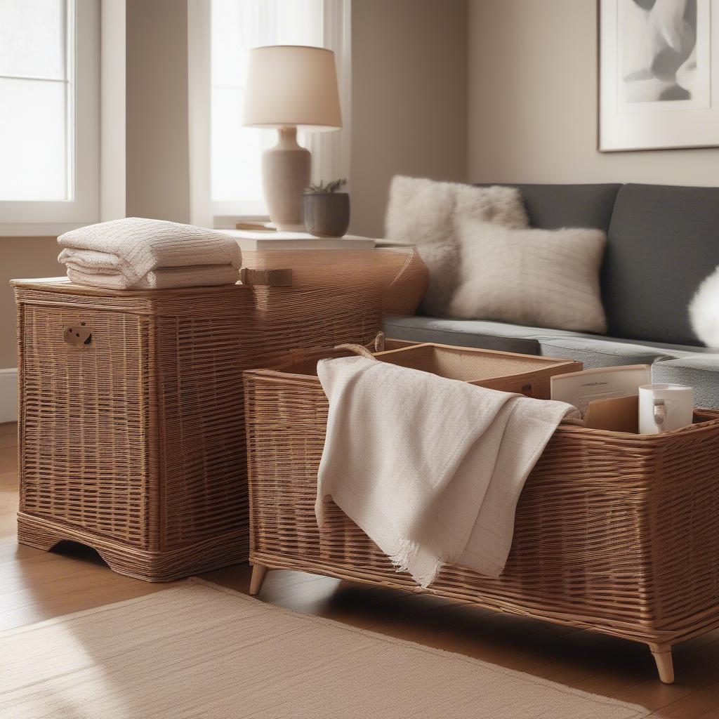 Large wicker storage boxes with lids in a living room setting