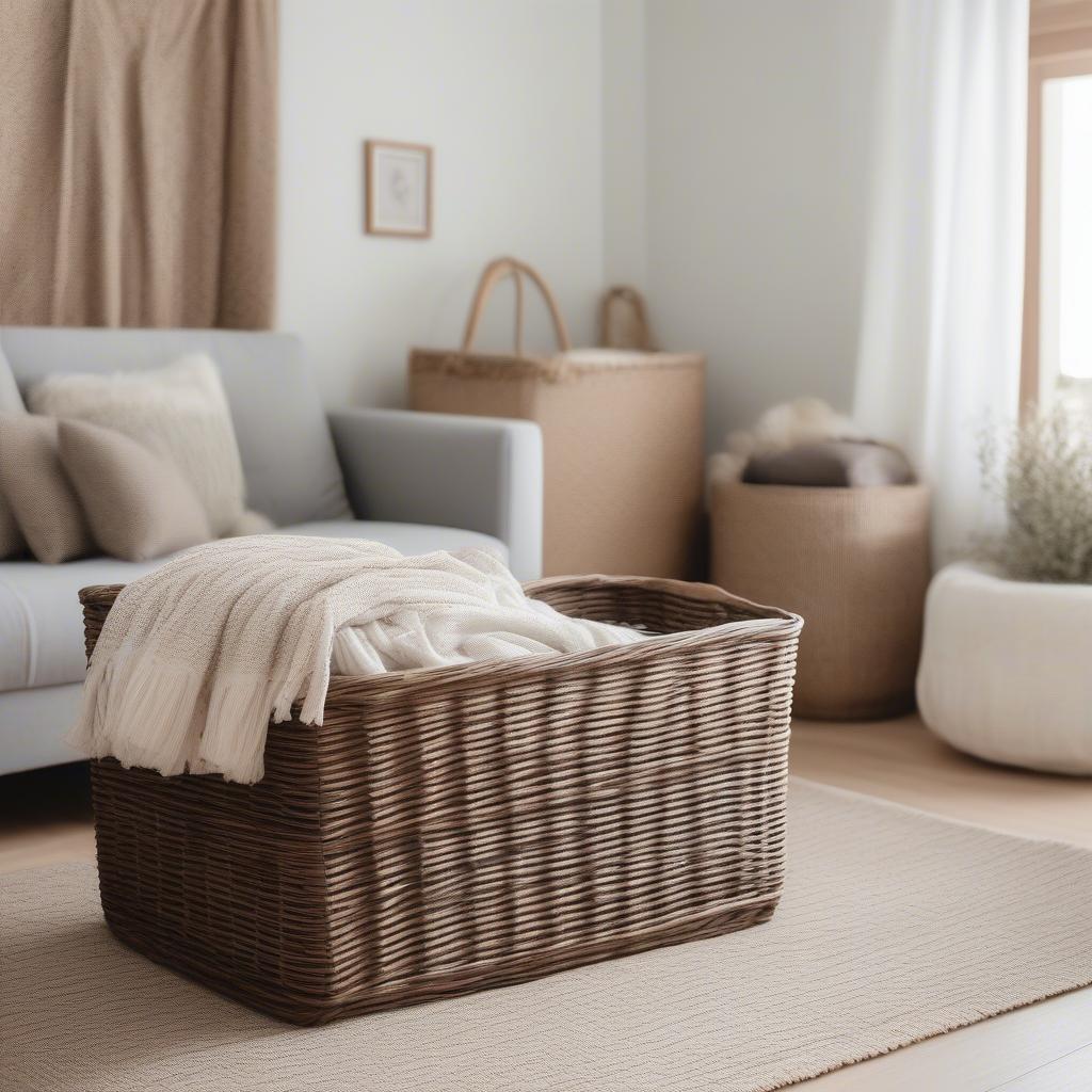 Large wicker storage container in a living room setting