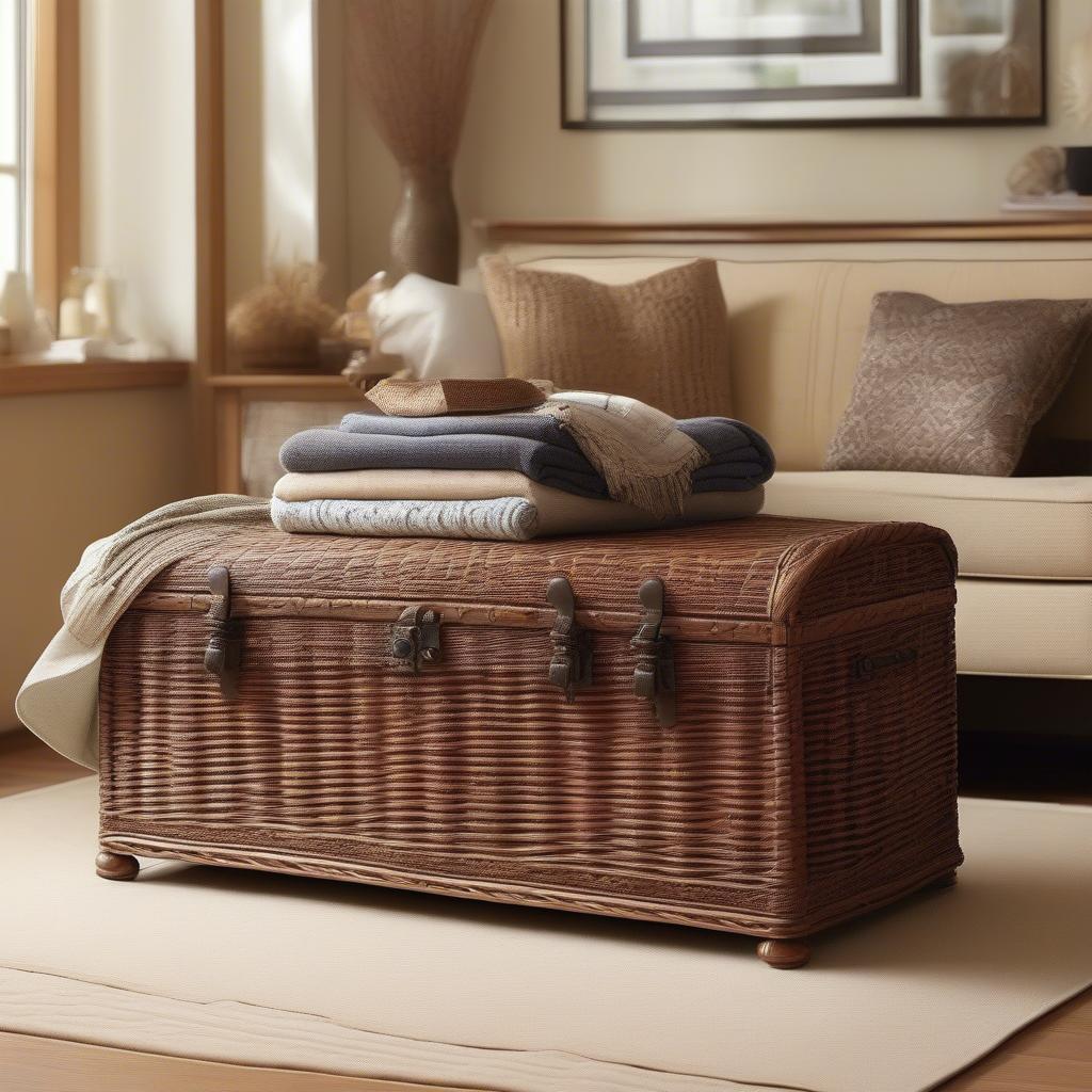 Large wicker trunk in a living room used for blanket storage