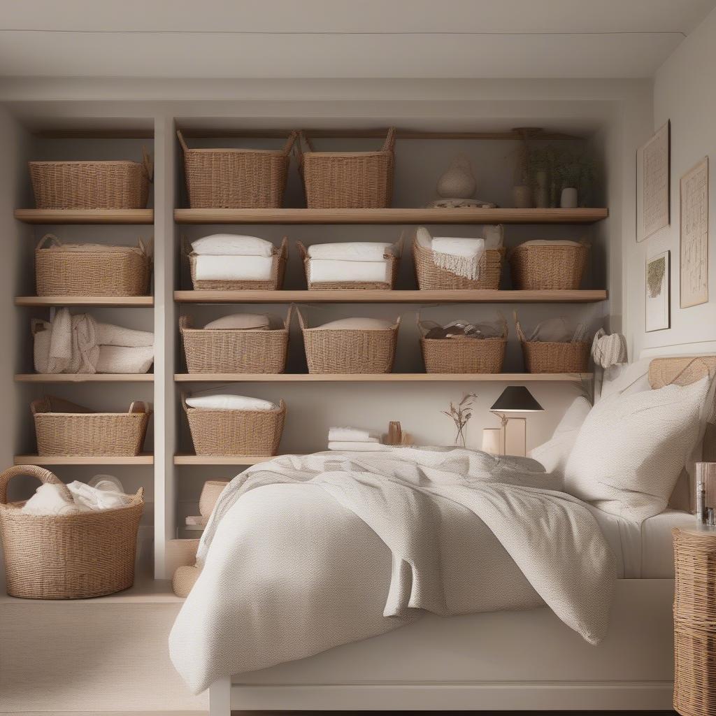 Light wicker baskets used for storage in a bedroom setting