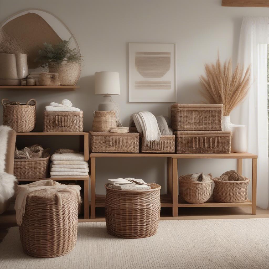 Light wicker baskets used for storage in a living room setting