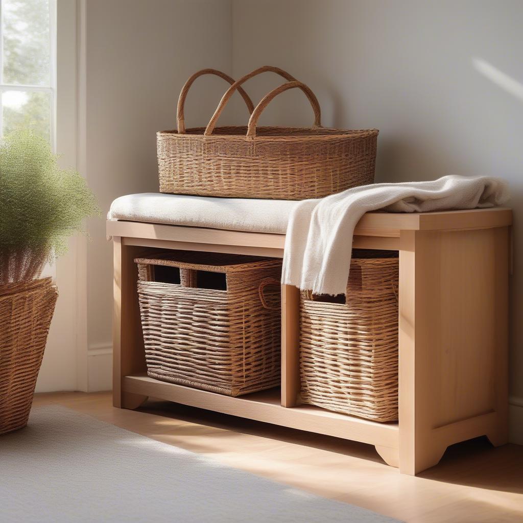 Light Wood Storage Bench with Wicker Baskets