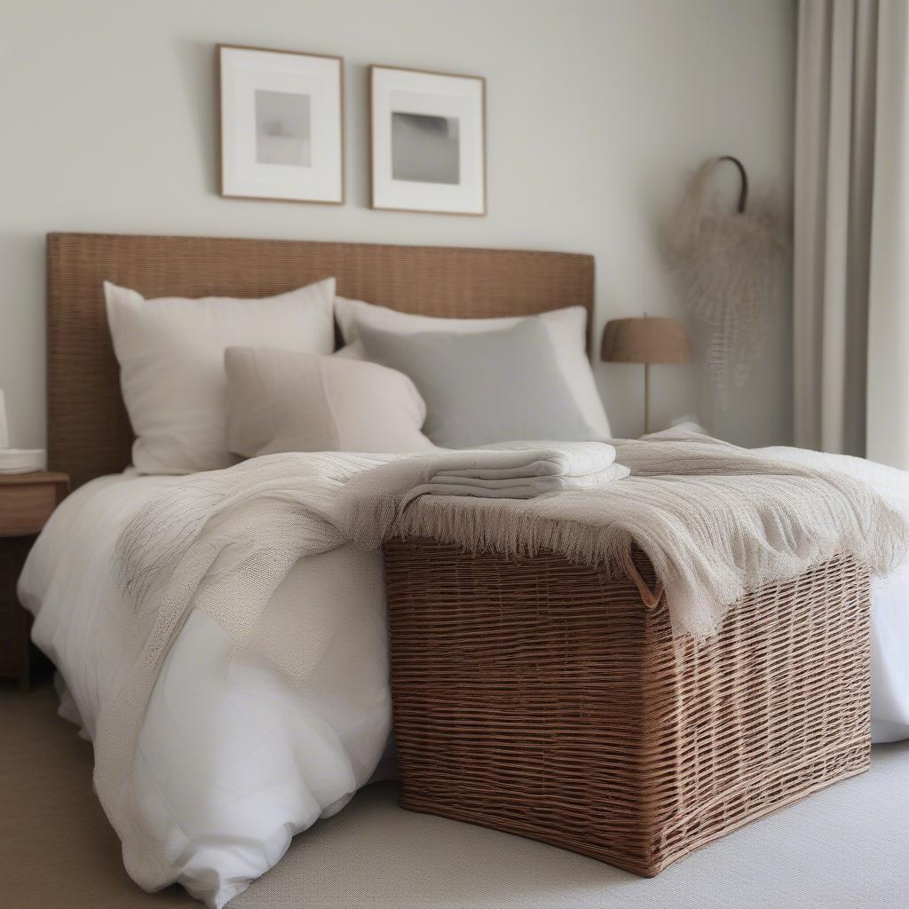 A lined wicker basket used as storage in a bedroom