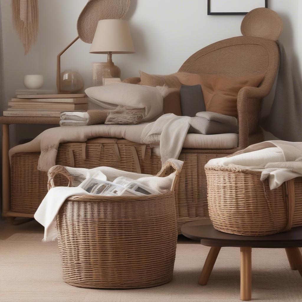 Lined wicker baskets used for stylish storage in a living room setting