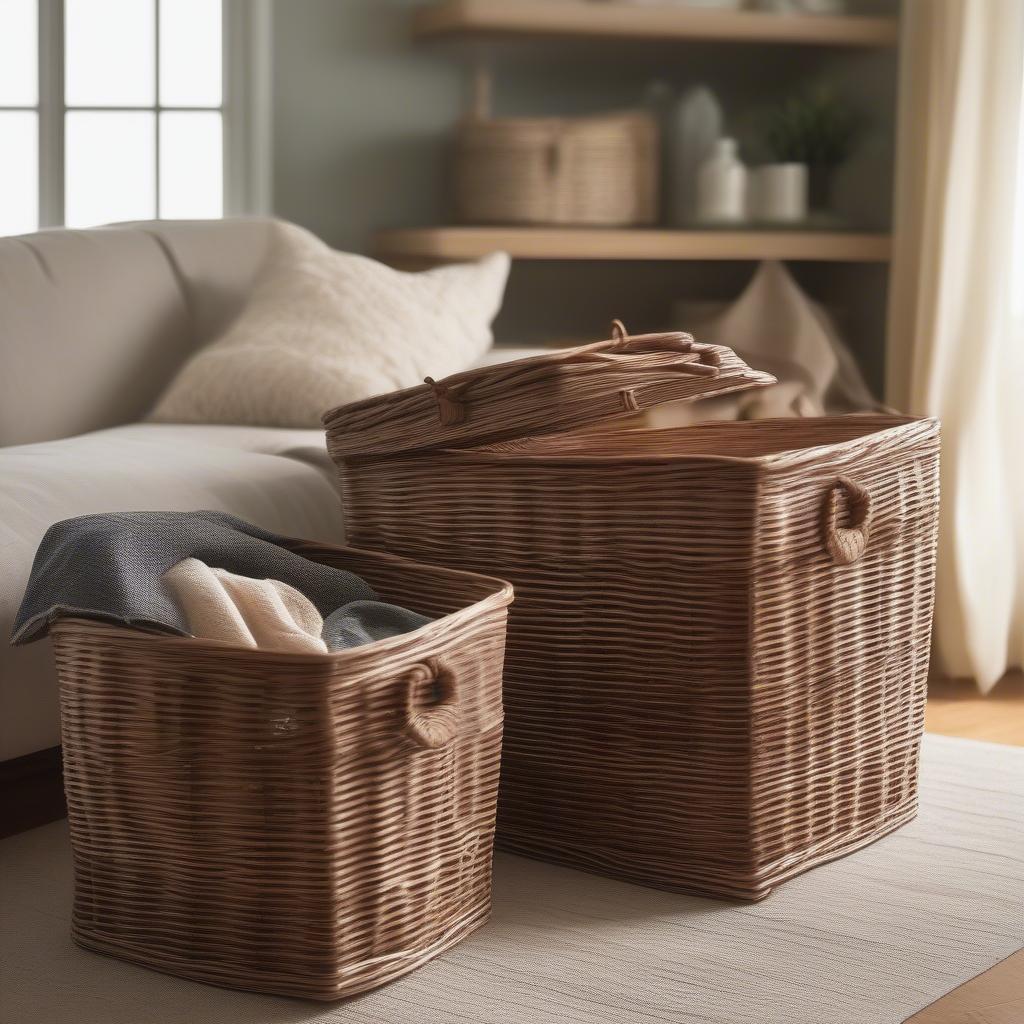 Lined wicker baskets with lids neatly arranged in a cozy living room, storing blankets and throws.