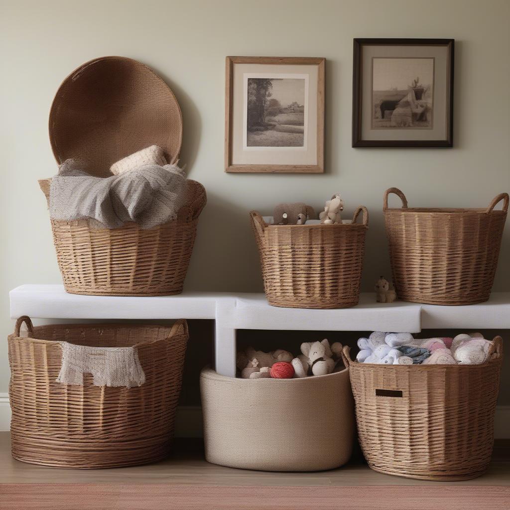 Lined wicker storage baskets used to organize blankets and throws in a cozy living room setting.