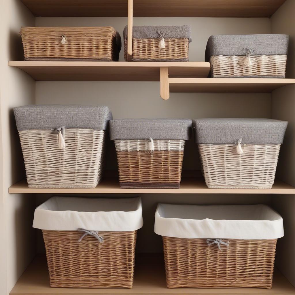 Variety of lined wicker storage baskets showcasing different shapes, sizes, and lining materials.