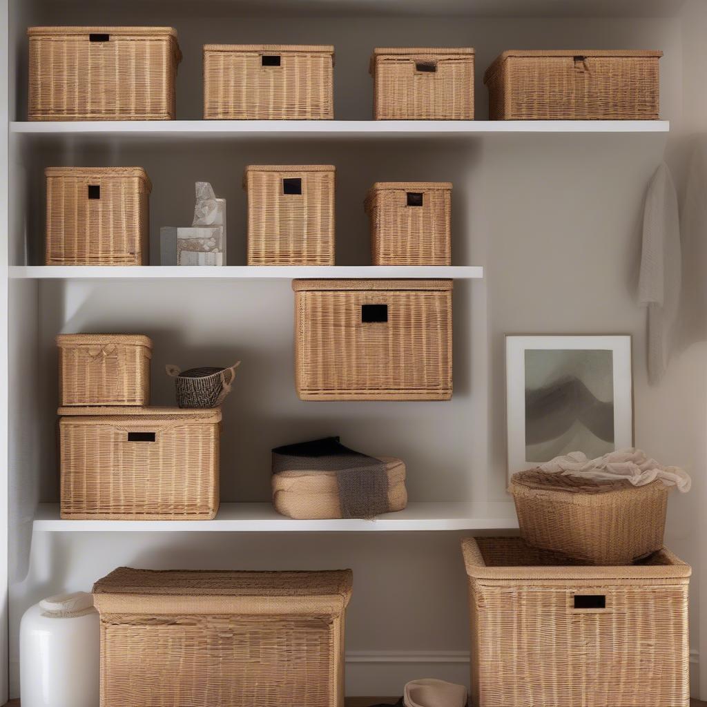 Lined wicker storage boxes used in different rooms, showcasing their versatility and how they can blend with different decor styles.