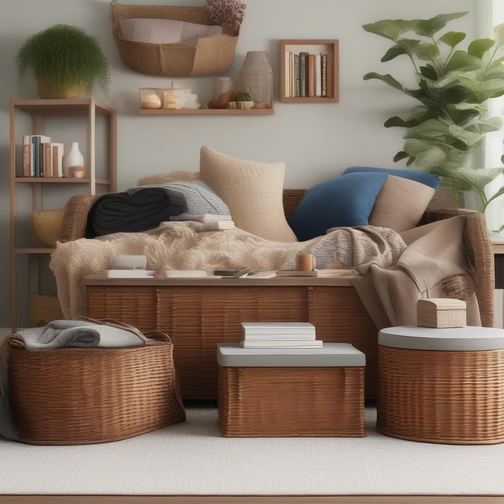 Lined wicker storage boxes in a living room setting, showcasing their versatility and aesthetic appeal.