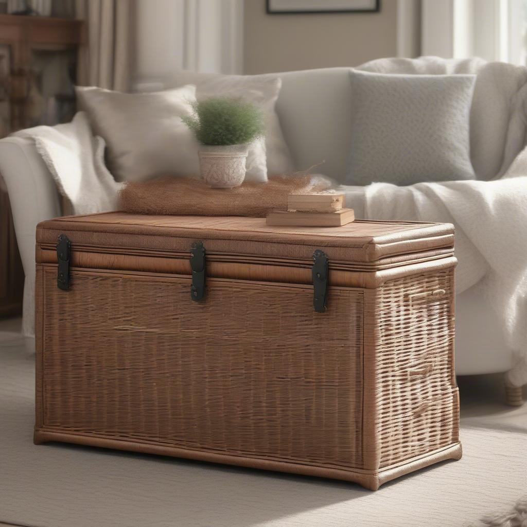 Lined Wicker Storage Trunk in a Living Room Setting