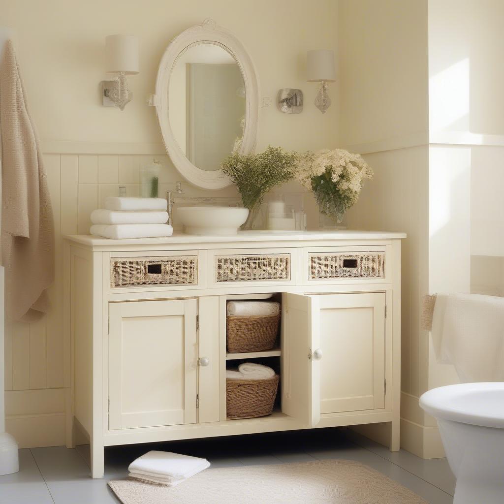 Little Cream Cabinet with Wicker Baskets in a Bathroom Setting