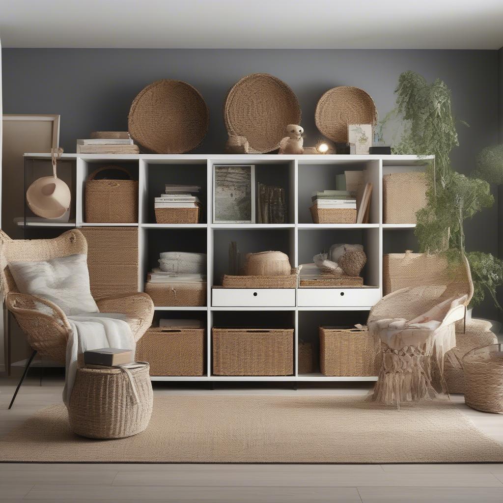 Living room with Ikea storage and wicker baskets