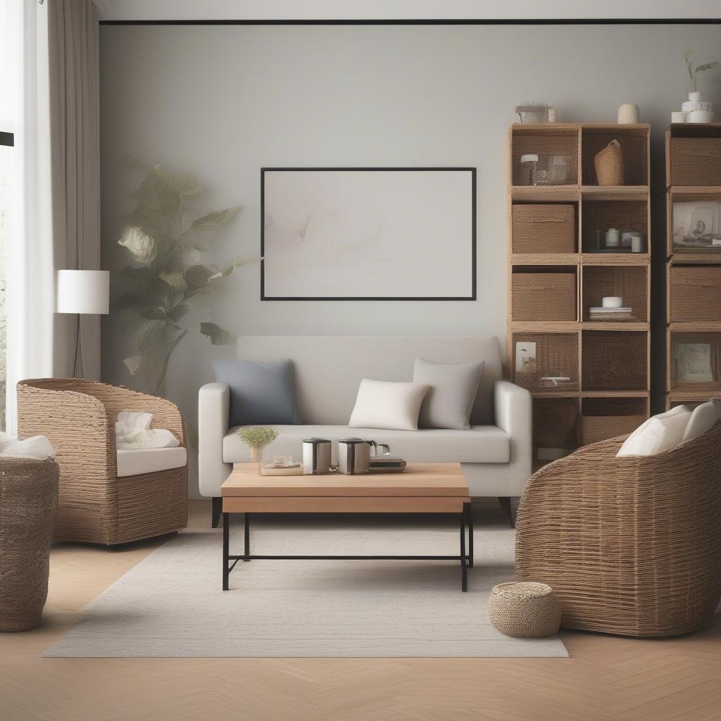 A stylishly decorated living room featuring a cube storage unit with wicker baskets, showcasing the practical and aesthetic benefits of this storage solution.