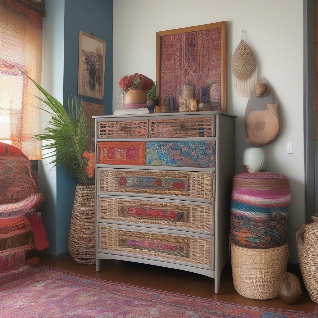 Long Gray Wicker Dresser Cabinet in a Bohemian Bedroom