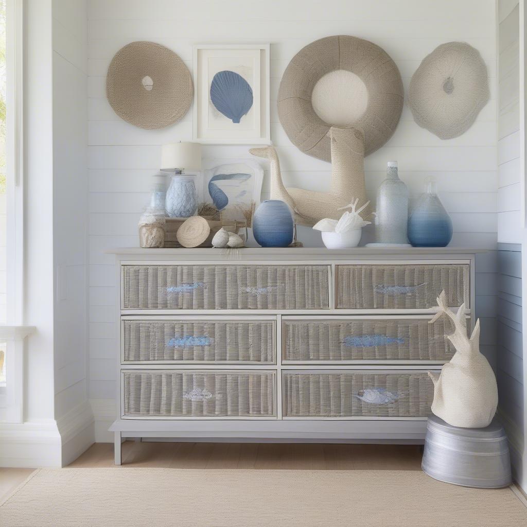 Long Gray Wicker Dresser Cabinet in a Coastal Living Room