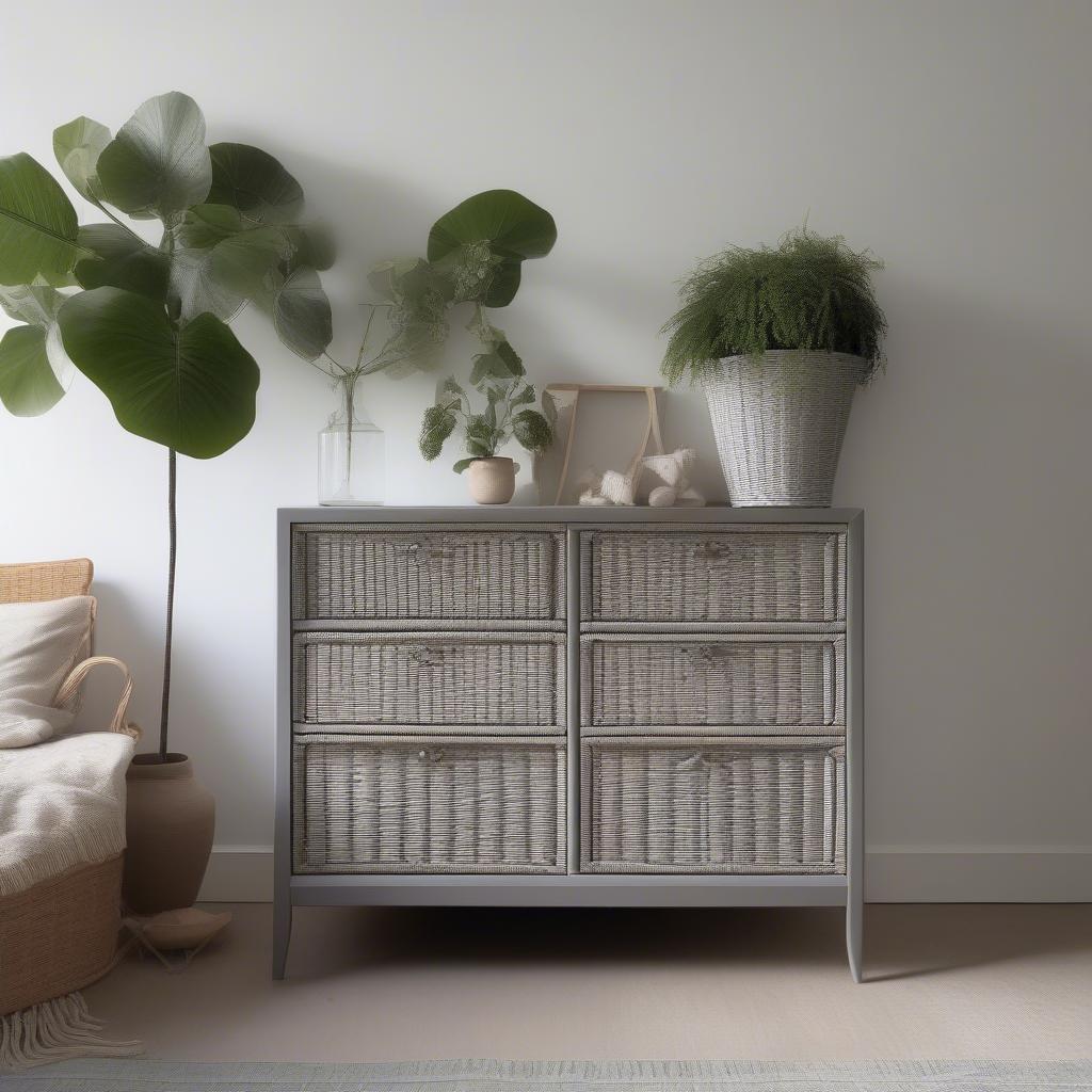 A Long Gray Wicker Dresser Cabinet in a Modern Bedroom