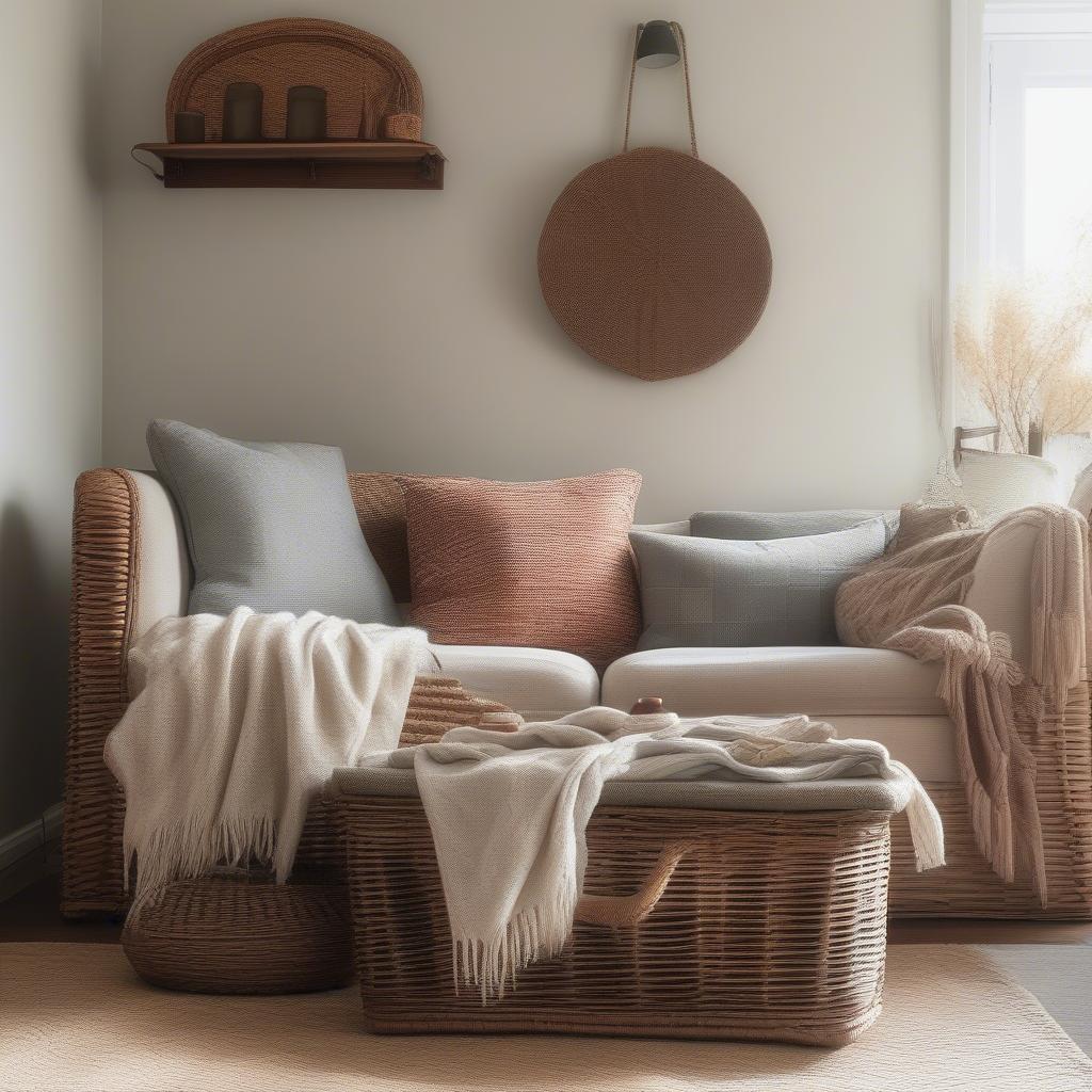 Long wicker storage basket in a living room setting