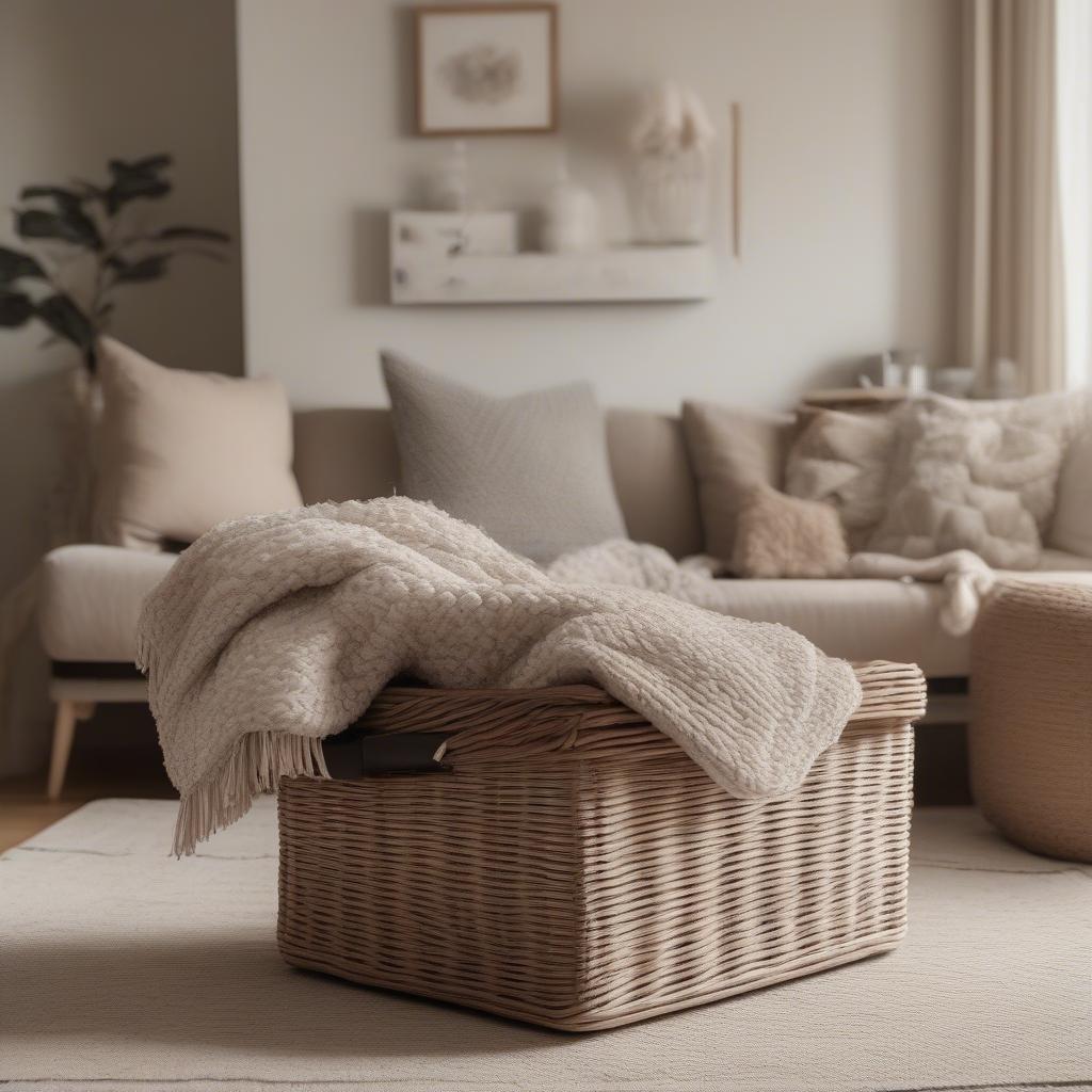 Low pole handle wicker basket in a living room setting