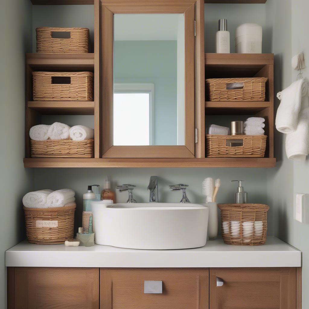 Low wicker baskets used in a bathroom setting for storing towels and toiletries.