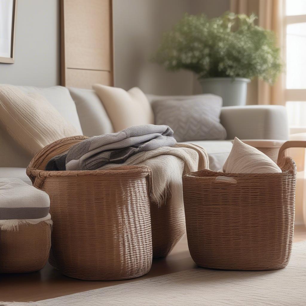 Low wicker storage baskets used in a living room setting for storing blankets and throws.