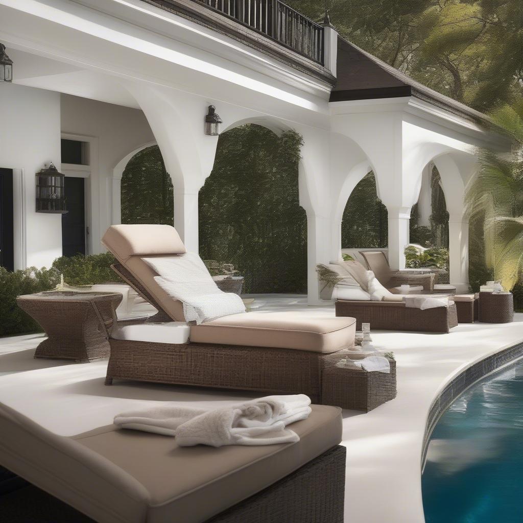 A luxurious poolside setting featuring brown wicker furniture and towel storage