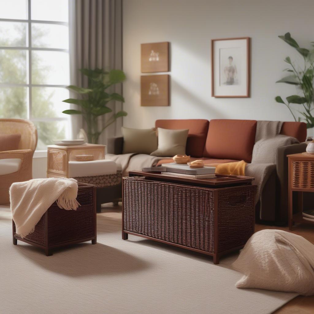 Mahogany wicker storage cubes in a living room setting, showcasing their versatility and aesthetic appeal.