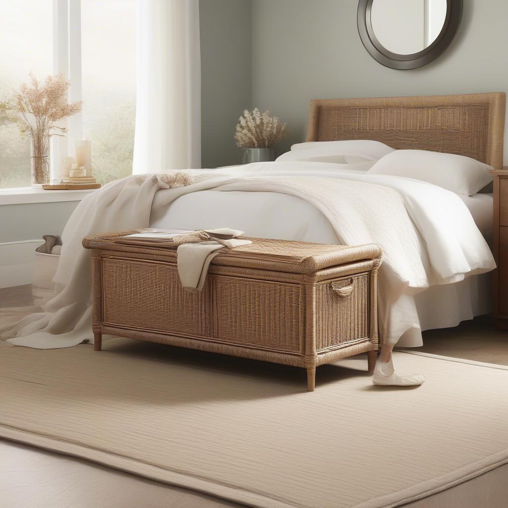 Martha Stewart Gracie Oaks Wicker Storage Bench in a Bedroom