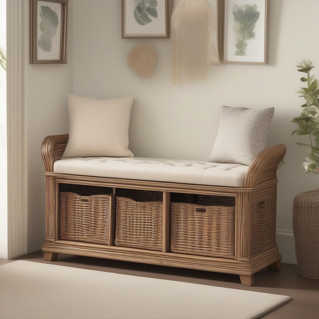 Martha Stewart Gracie Oaks Wicker Storage Bench in a Living Room