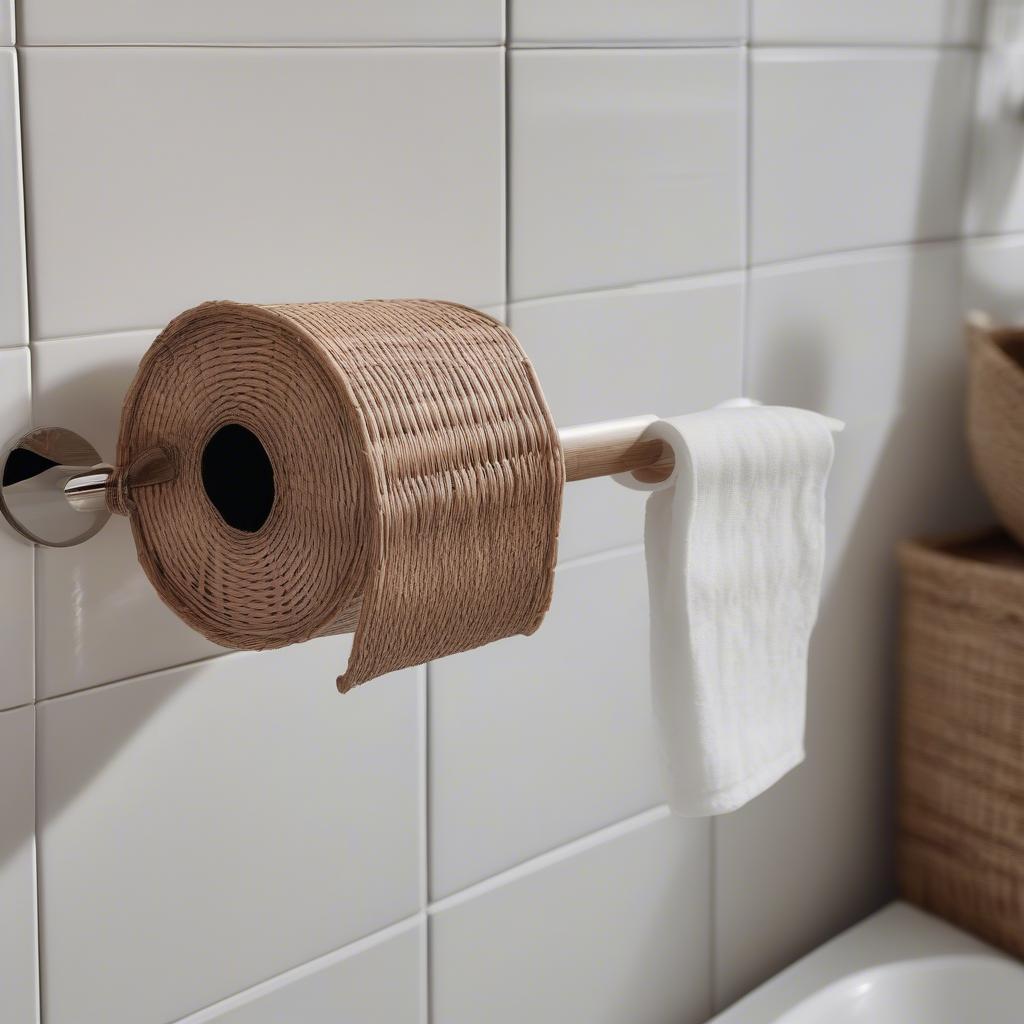 Matalan wicker toilet roll holder in a stylish bathroom setting