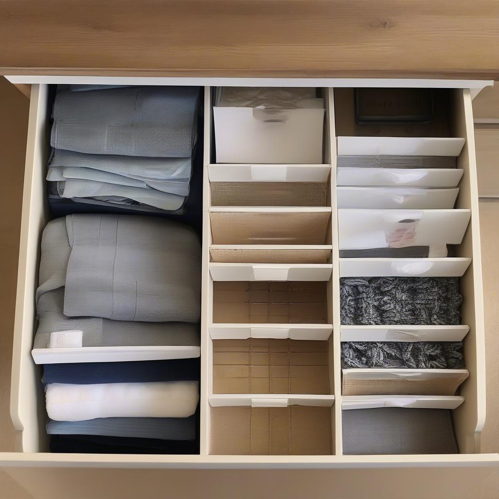 Maximizing wicker chest storage space with organizers and labels.